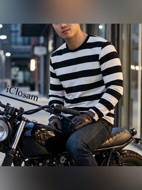 Men's Black and White Striped Long-Sleeve Crew Tee